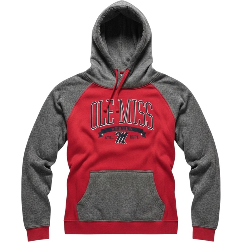 Champion‎ Elite Ole Miss Rebels Hoodie Size M Red Gray Polyester Fleece Pullover